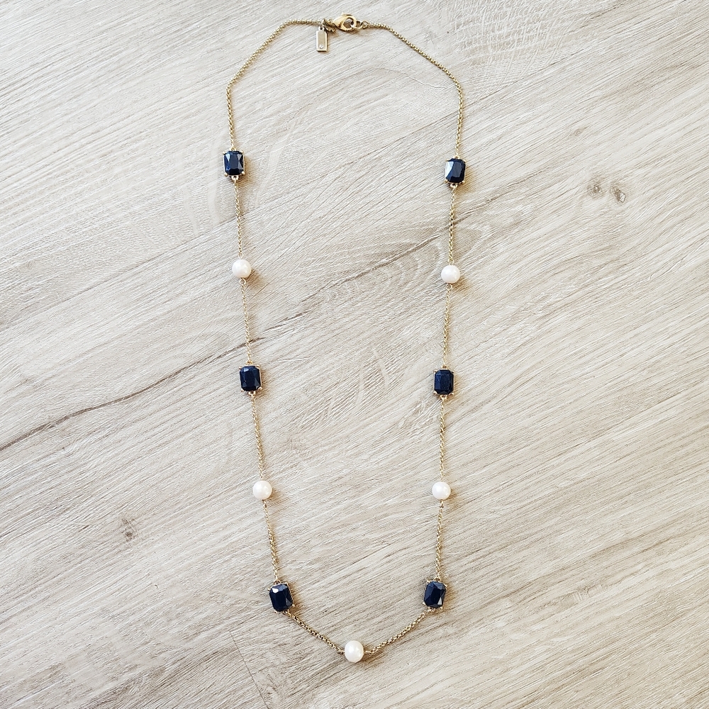 Kate Spade Gold Tone Necklace With Pearls And Faux Faceted Blue Stone